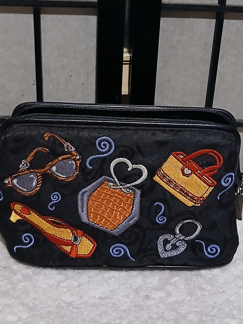 Brighton Black Cosmetic Bag with Colorful Embroidered Accessories